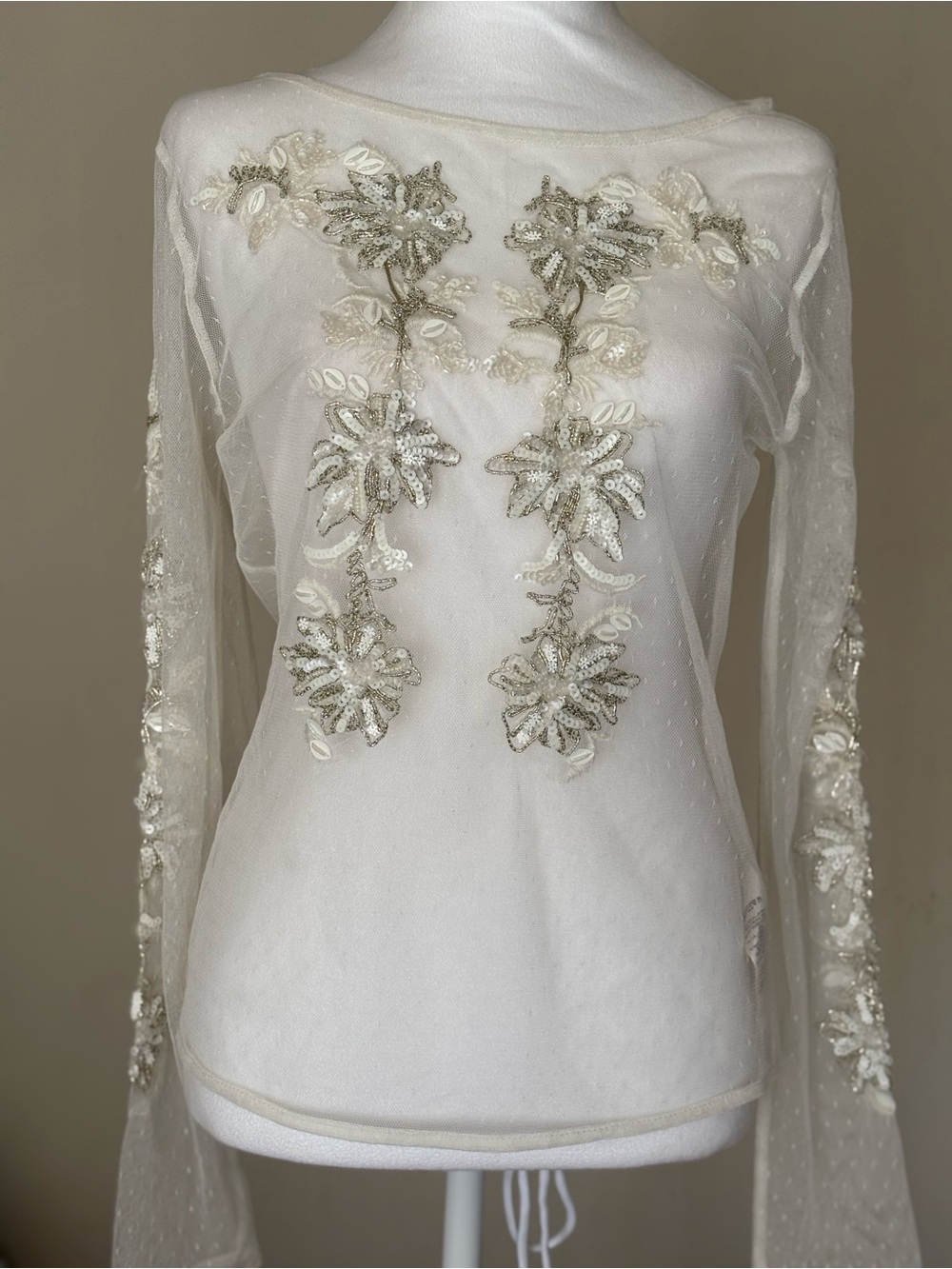 Anthropologie Ivory Sheer Embroidered Floral Long-Sleeve Top